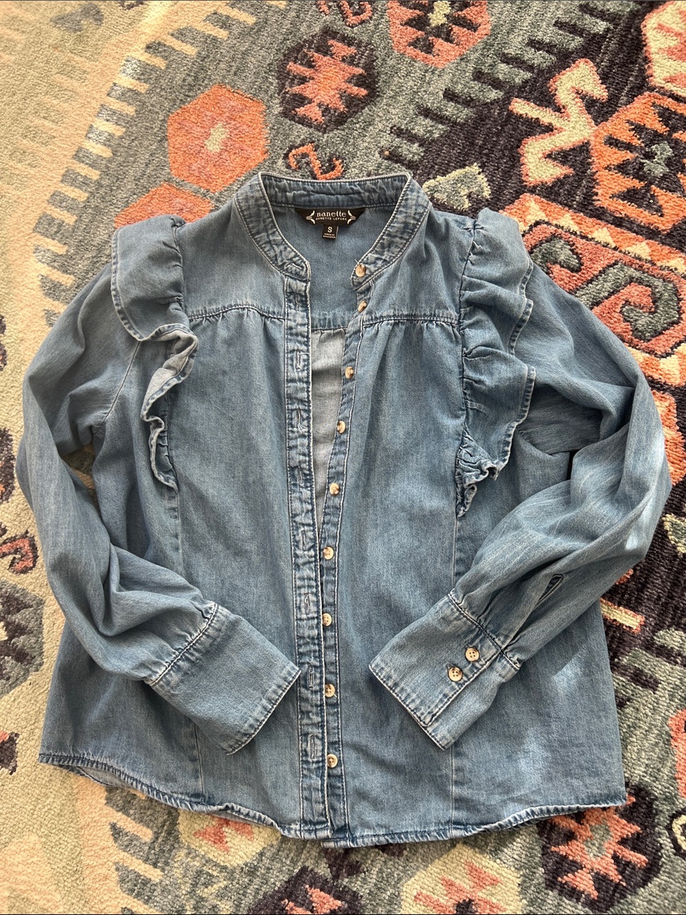 Nanette Lepore Ruffle Button-Front Denim Blouse Size Small